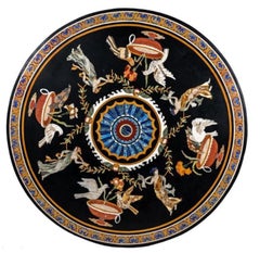 Round Pietre Dure Black Marble Mosaic Table Top with Greek Scenes