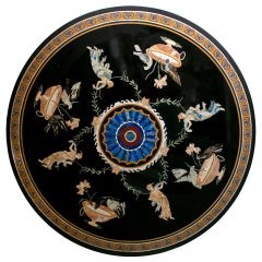 Round Pietre Dure Black Marble Mosaic Table Top with Greek Scenes