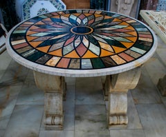Round Pietre Dure Geometric White Marble Mosaic Table Top