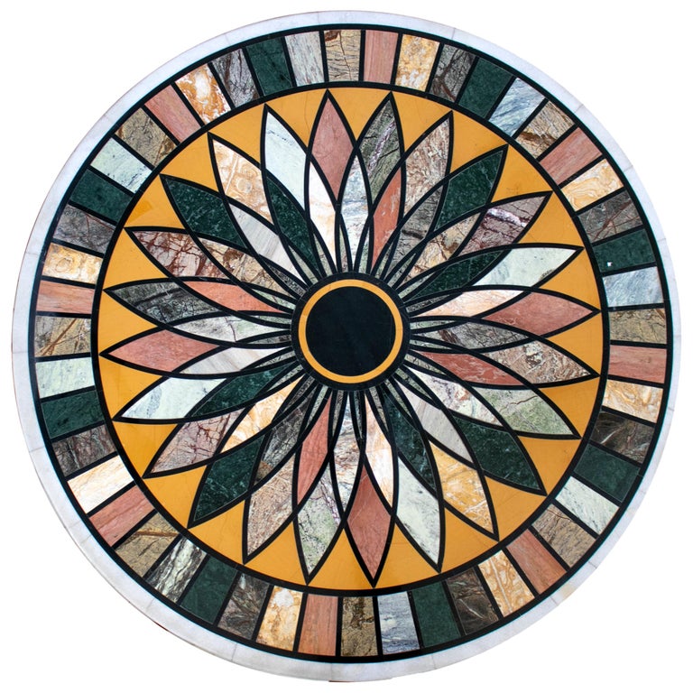 Round Pietre Dure Geometric White Marble Mosaic Table Top For Sale at