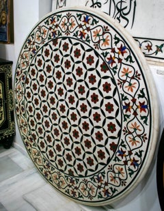 Round Pietre Dure Geometric White Marble Mosaic Table Top with Inlays
