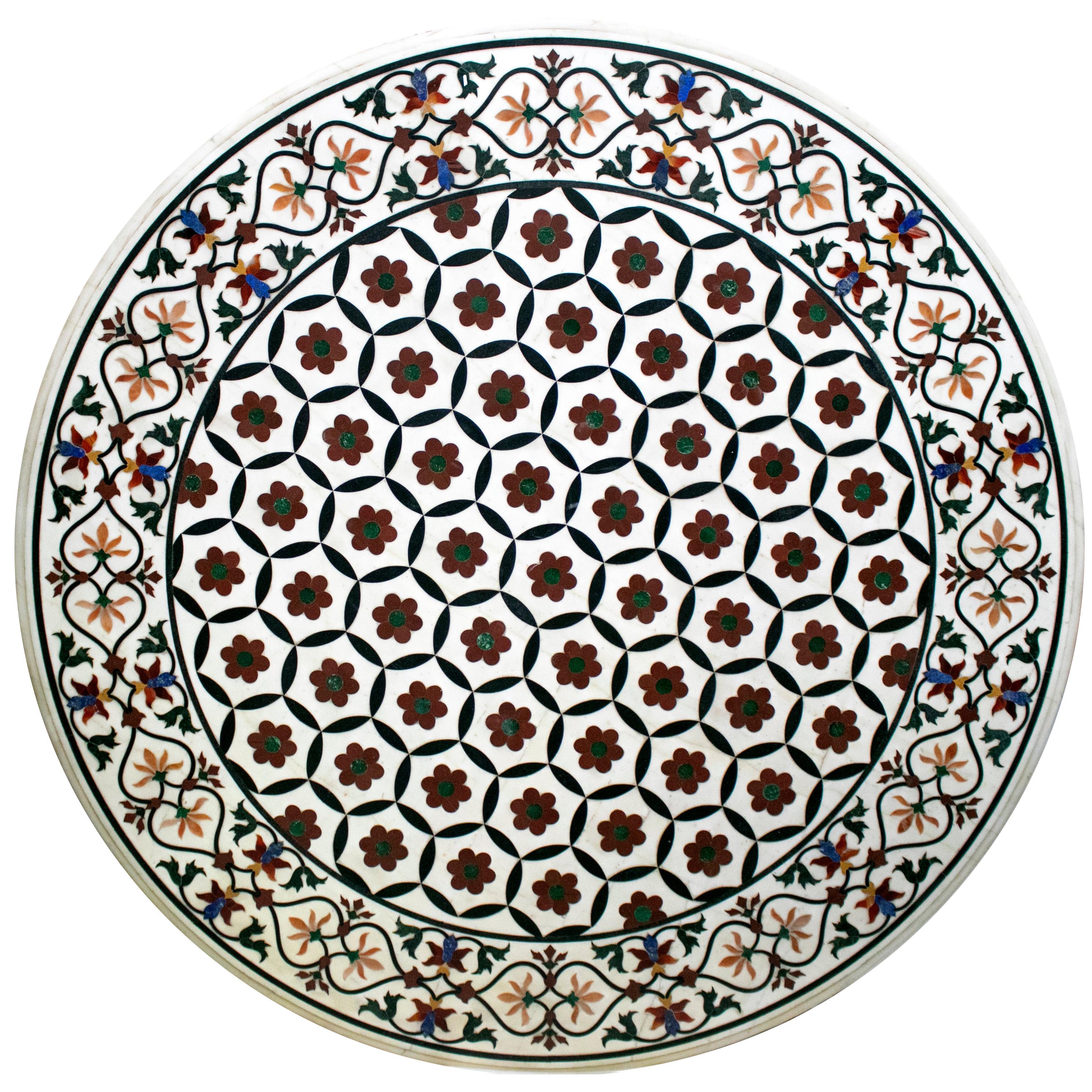 Round Pietre Dure Geometric White Marble Mosaic Table Top with Inlays
