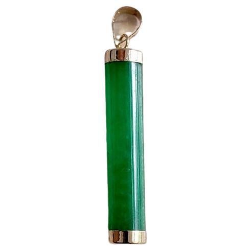 Round Cylindric Pillar Green Jade Pendant (With Solid 14K Yellow Gold) For Sale