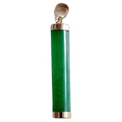 Vintage Round Cylindric Pillar Green Jade Pendant (With Solid 14K Yellow Gold)