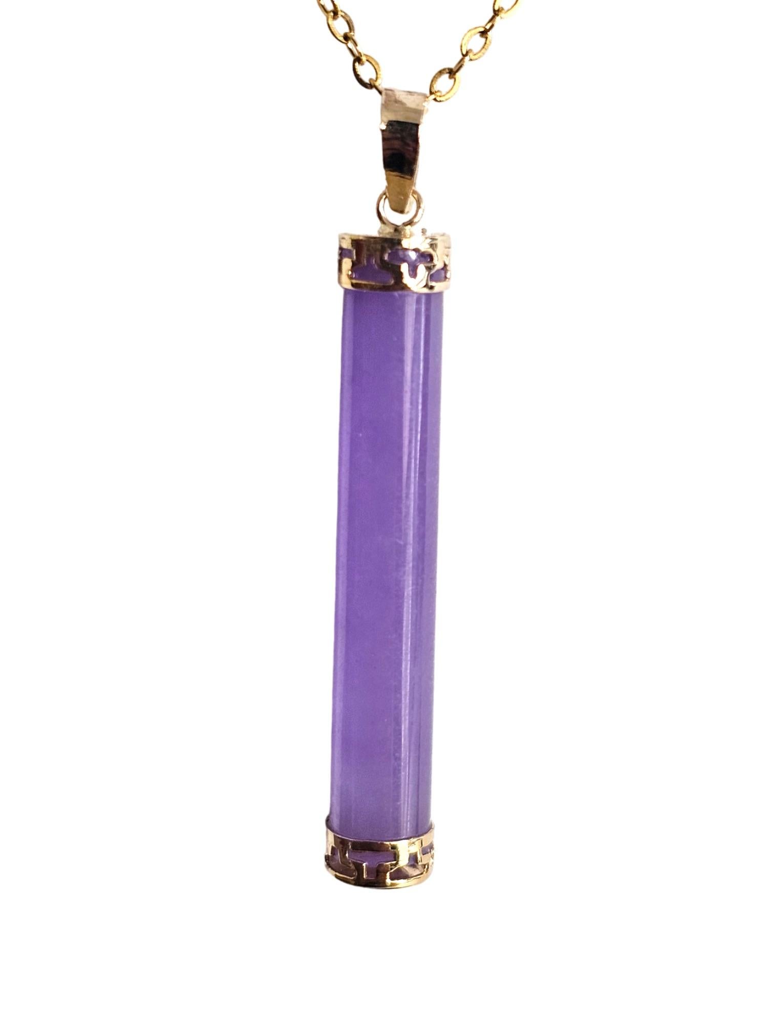 Round Pillar Purple Lavender Jade Tube Pendant (With Solid 14K Yellow Gold) For Sale 5