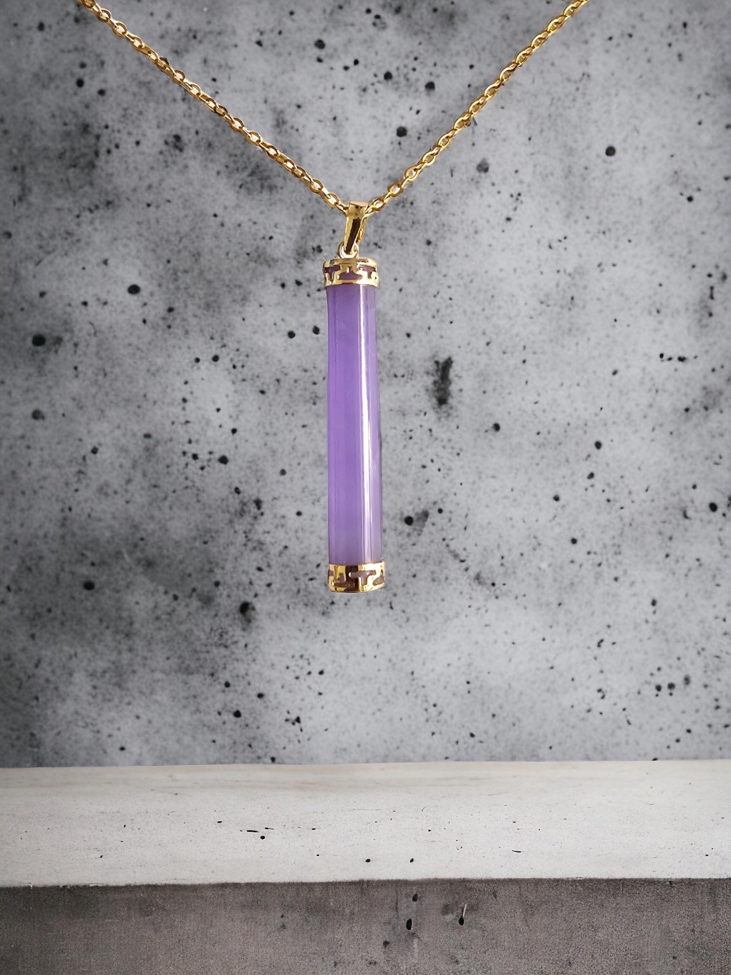 Round Pillar Purple Lavender Jade Jadeite Tube Pendant (With Solid 14K Yellow Gold)

The cylindric smoothness represents strength and awareness of nature, the 'Round Pillar Purple Jade Tube Pendant' is a classic and distinct creation that allows the