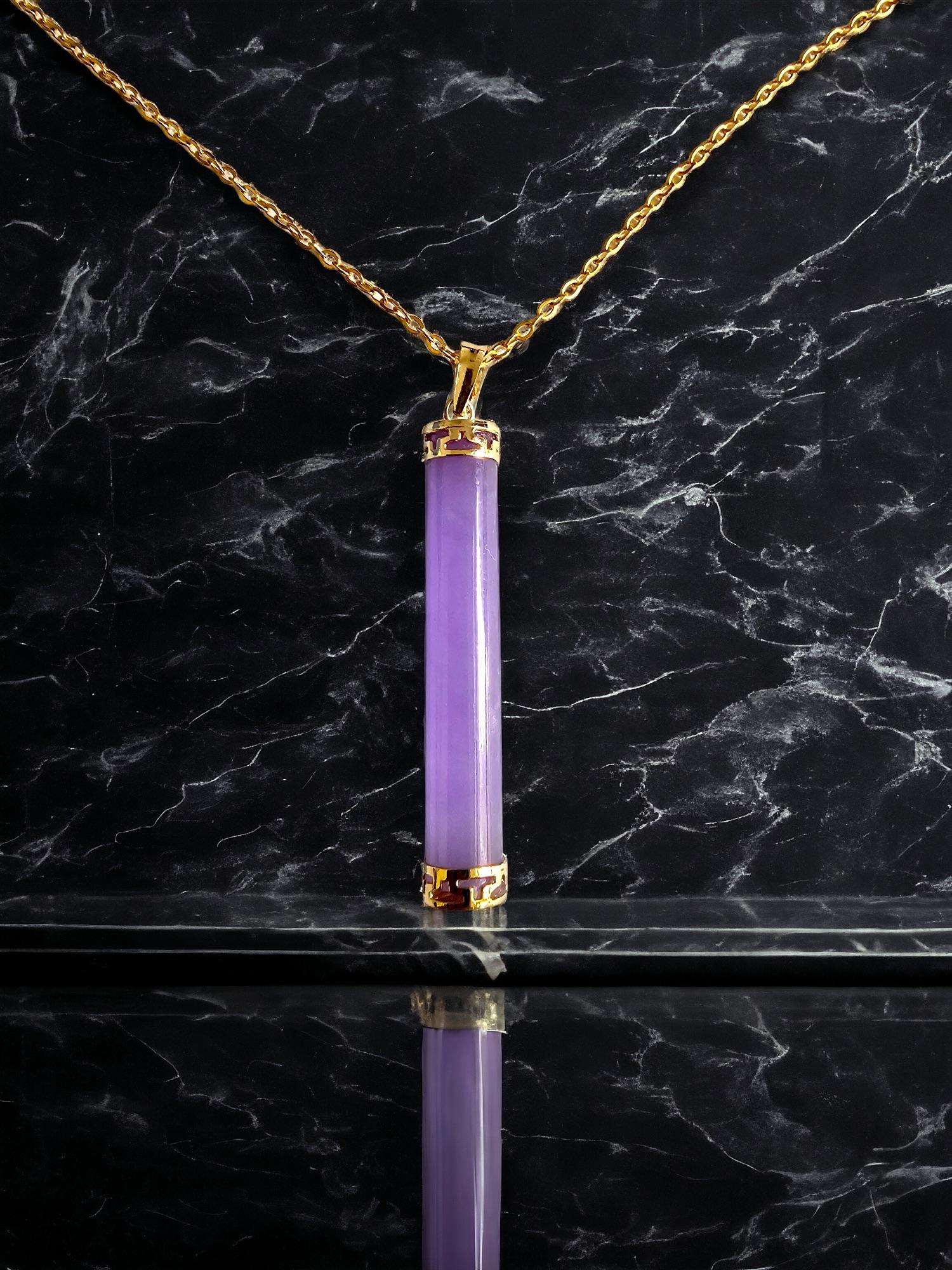Cabochon Round Pillar Purple Lavender Jade Tube Pendant (With Solid 14K Yellow Gold) For Sale