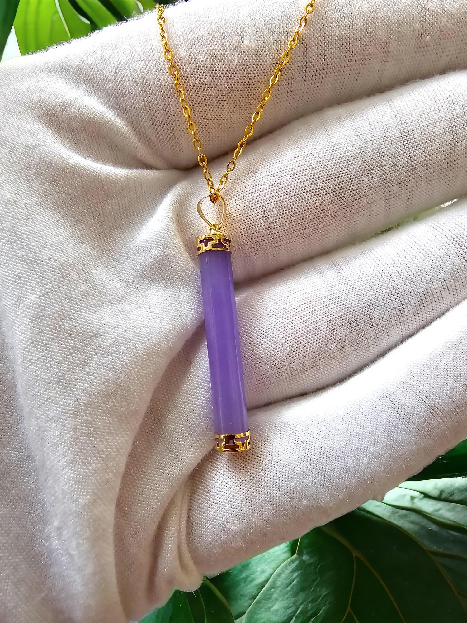 Women's or Men's Round Pillar Purple Lavender Jade Tube Pendant (With Solid 14K Yellow Gold) For Sale