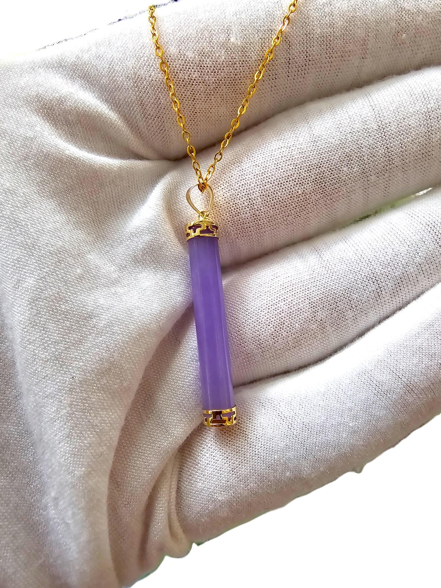 Round Pillar Purple Lavender Jade Tube Pendant (With Solid 14K Yellow Gold) For Sale 2