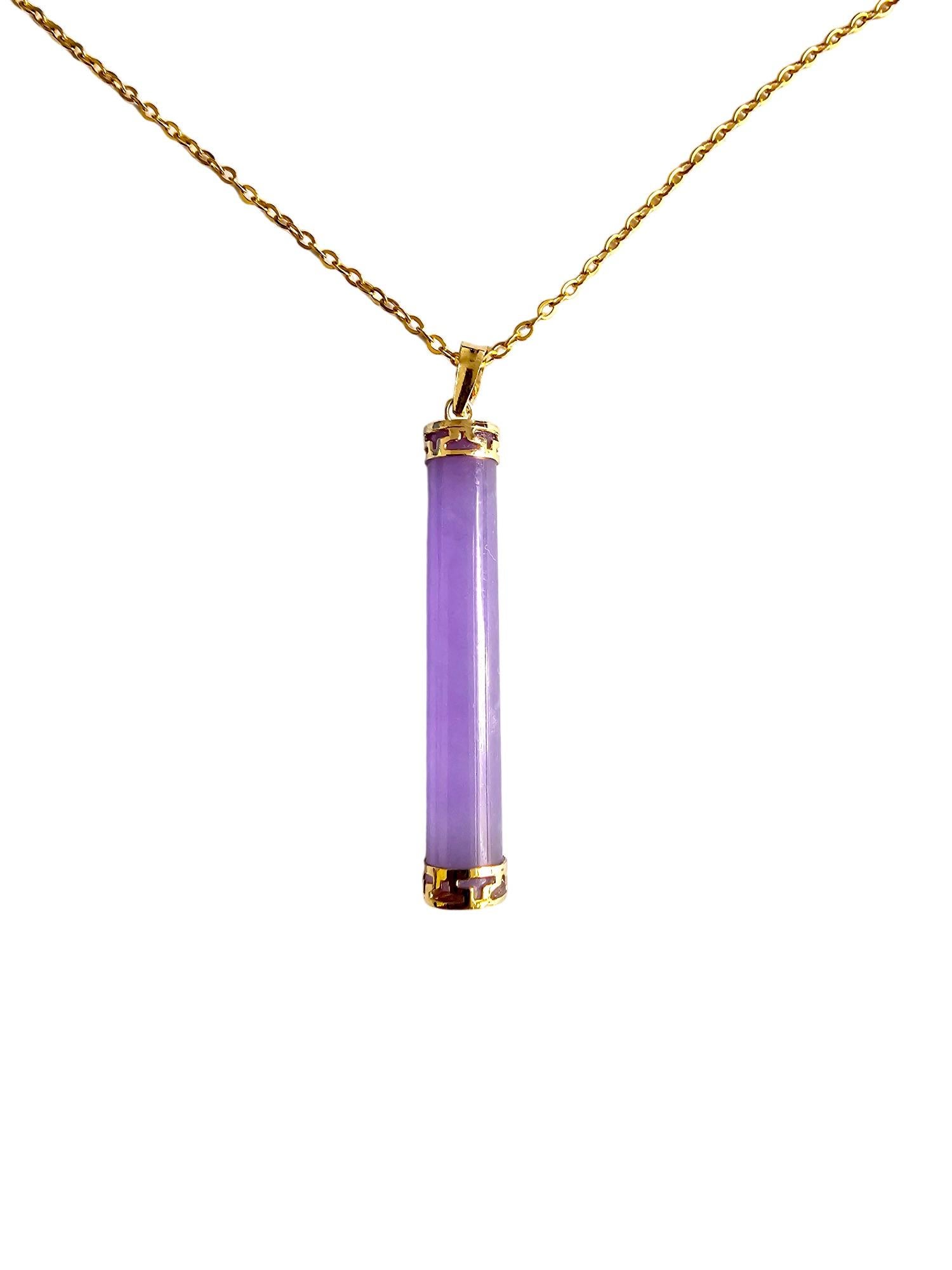 Round Pillar Purple Lavender Jade Tube Pendant (With Solid 14K Yellow Gold) For Sale 3