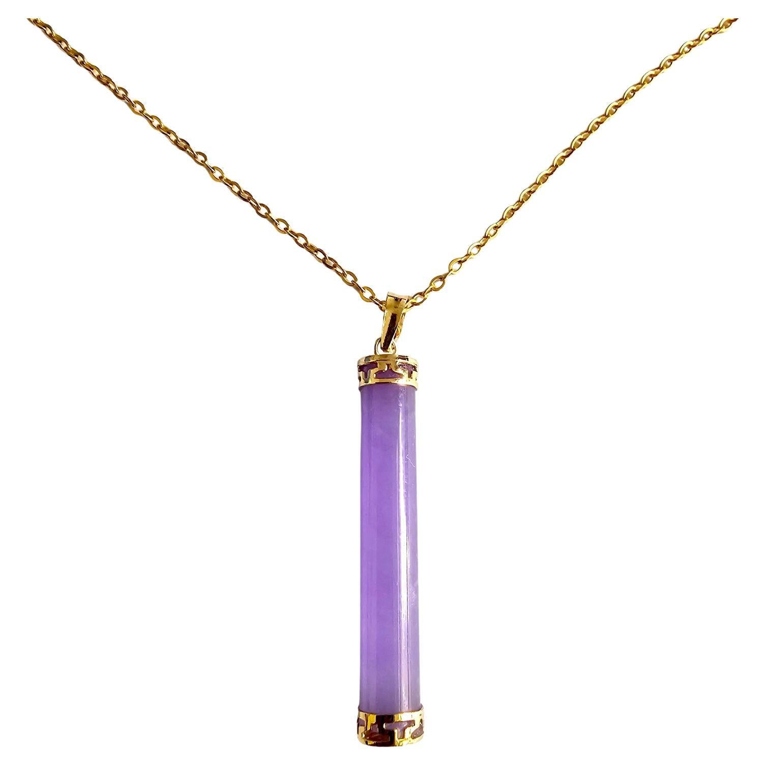 Round Pillar Purple Lavender Jade Tube Pendant (With Solid 14K Yellow Gold) For Sale
