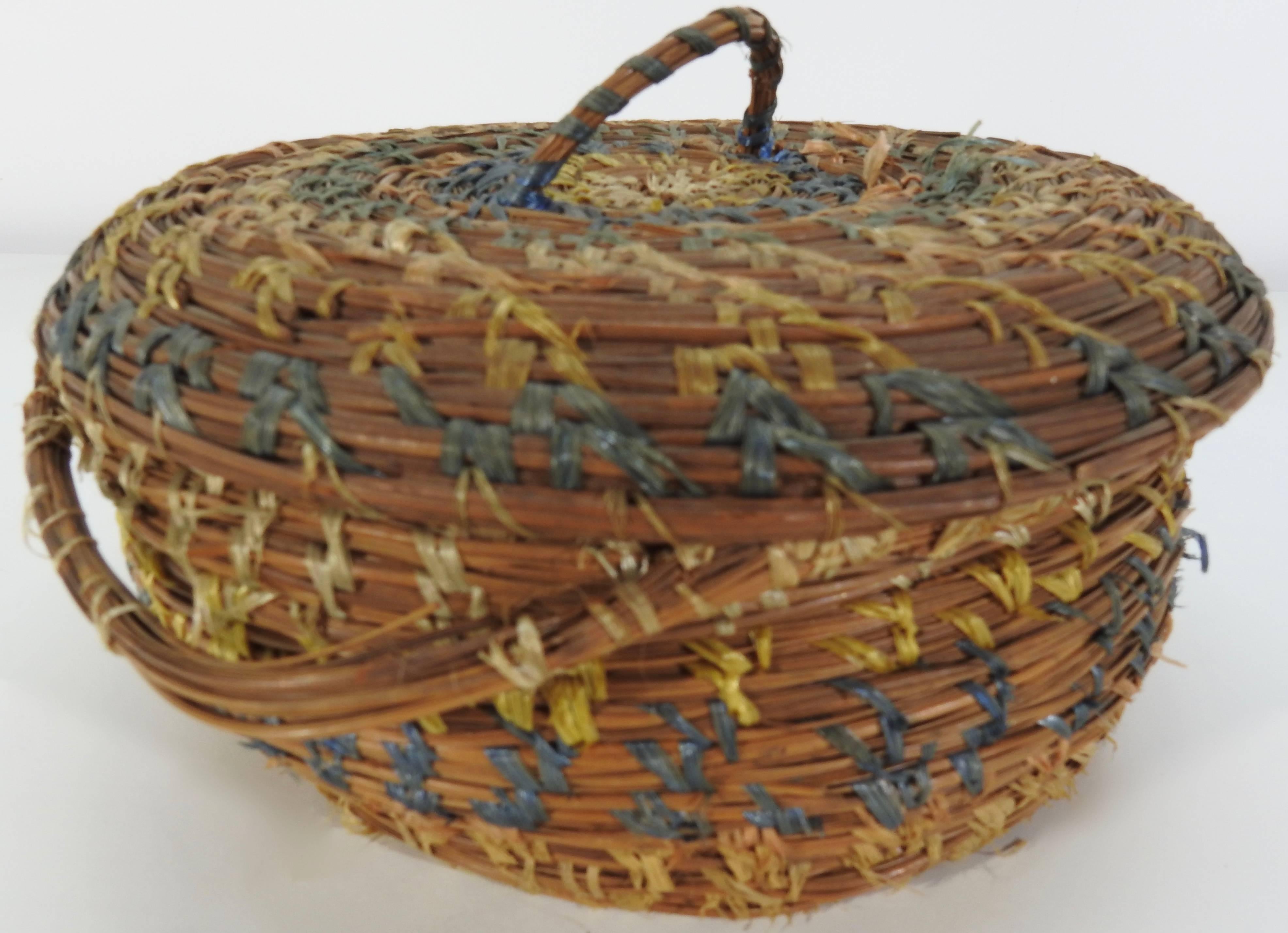 Folk Art Round Pine Needle Basket Sewing Basket Vintage For Sale