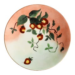 Round Pink and Green Ceramic Decorative Strawberry Dish or Catchall 1900s Signed