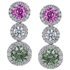Round Pink and Green Sapphire and Diamond Platinum Drop Earrings