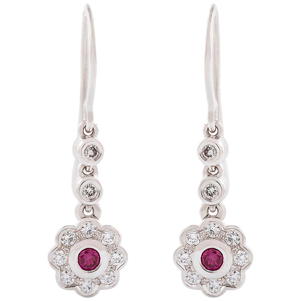 Round Pink & White Brilliant Cut Diamond Cluster Drop Earrings in White Gold For Sale