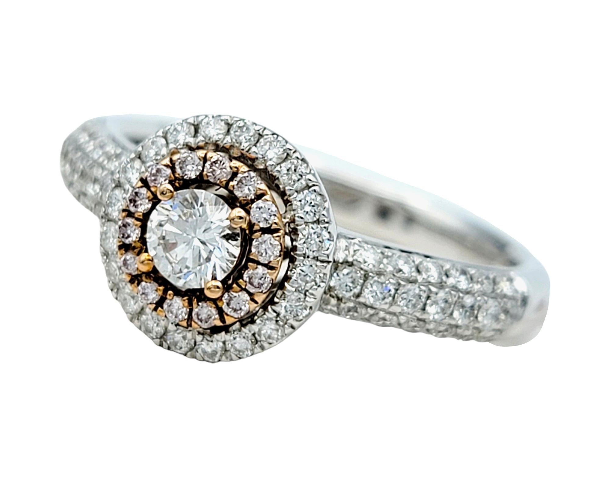 Contemporary Round Pink and White Diamond Double Halo Band Ring in 18 Karat White & Rose Gold For Sale
