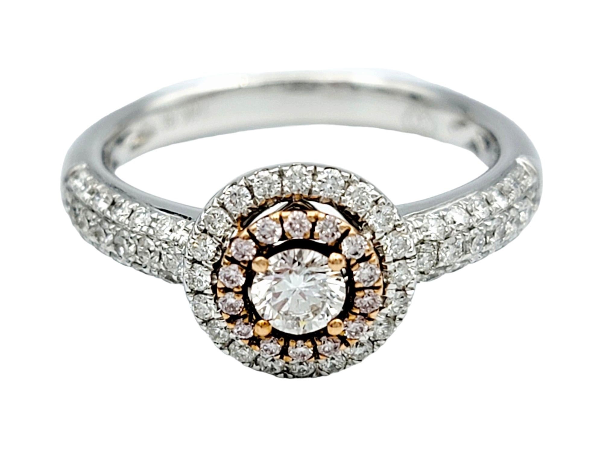 Round Pink and White Diamond Double Halo Band Ring in 18 Karat White & Rose Gold In Good Condition For Sale In Scottsdale, AZ