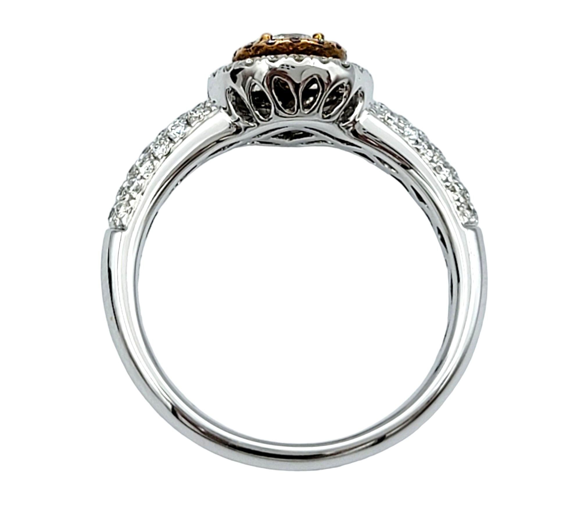 Women's Round Pink and White Diamond Double Halo Band Ring in 18 Karat White & Rose Gold For Sale
