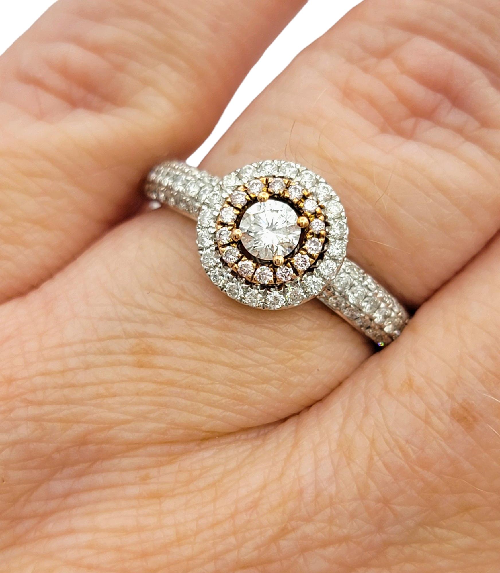 Round Pink and White Diamond Double Halo Band Ring in 18 Karat White & Rose Gold For Sale 2
