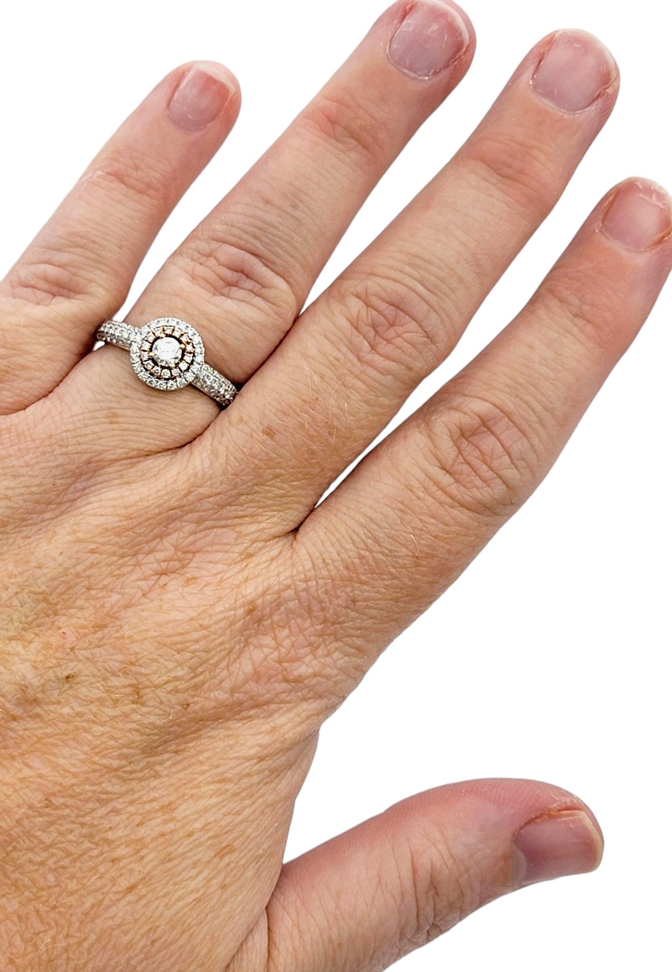 Round Pink and White Diamond Double Halo Band Ring in 18 Karat White & Rose Gold For Sale 3