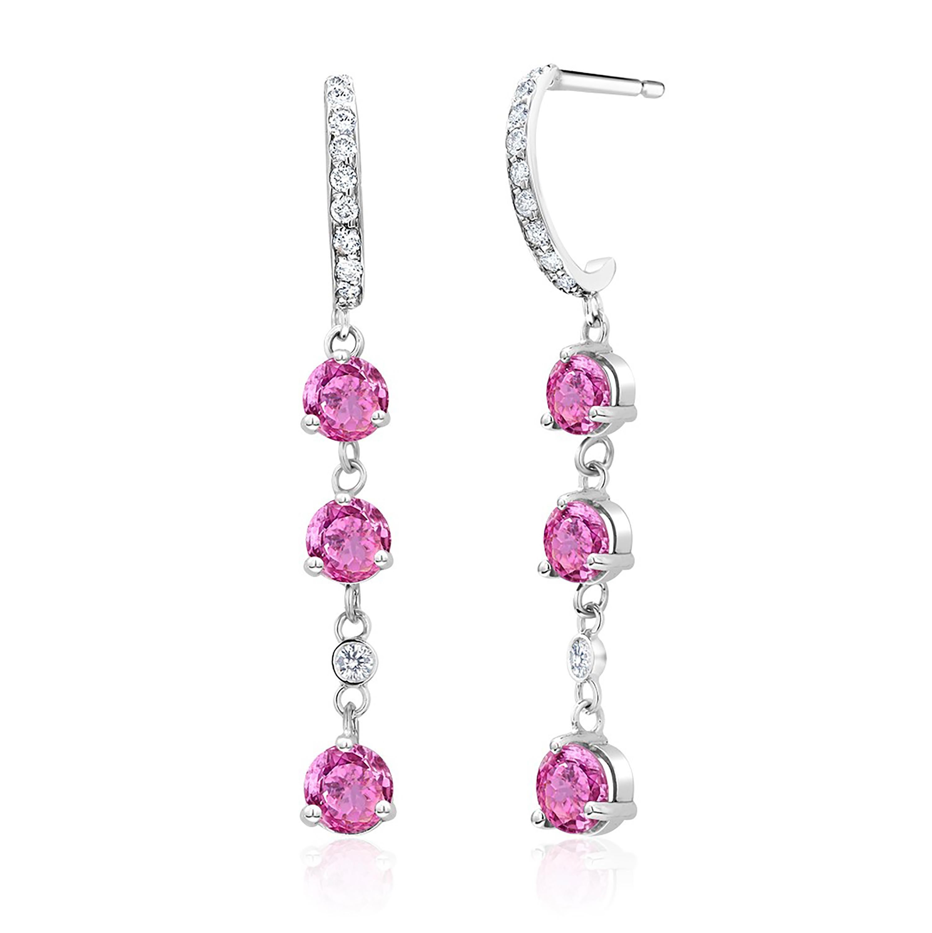 Round Cut Six Round Pink Ceylon Sapphires and Diamond White Gold Hoop Drop Earrings