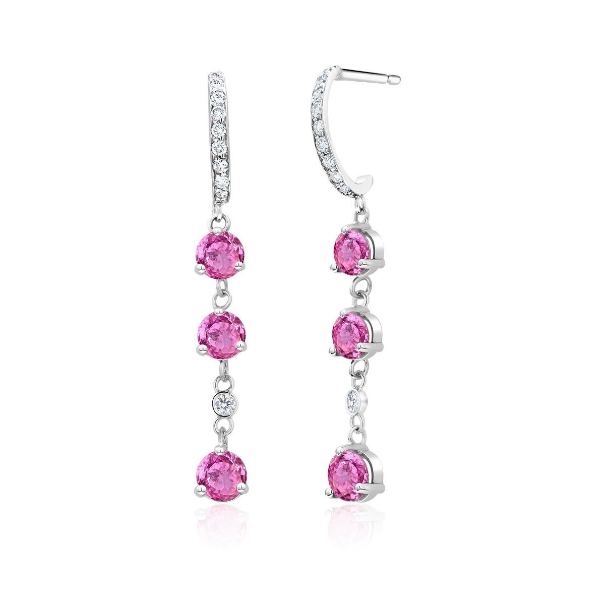 Six Round Pink Ceylon Sapphires and Diamond White Gold Hoop Drop Earrings In New Condition In New York, NY