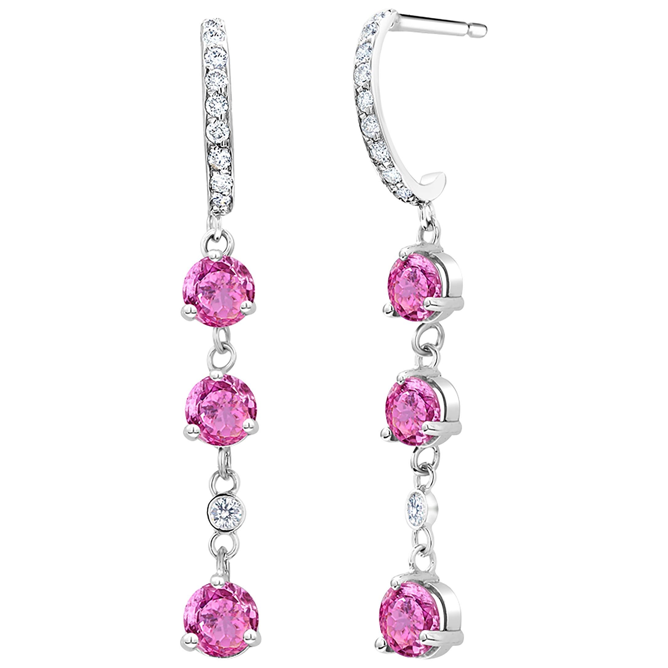 Six Round Pink Ceylon Sapphires and Diamond White Gold Hoop Drop Earrings
