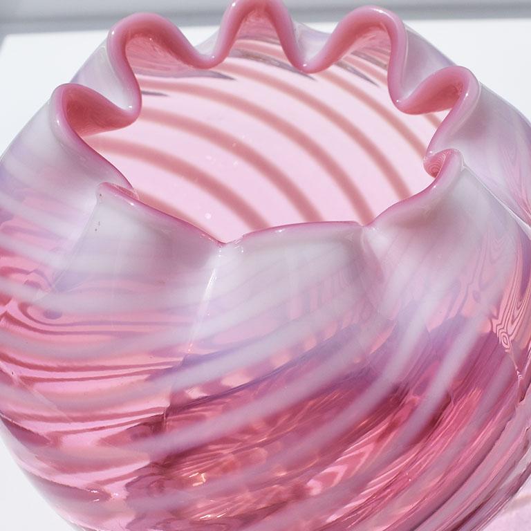 American Round Pink Flashed Cranberry Art Glass Peppermint Swirl Vase Art Deco For Sale