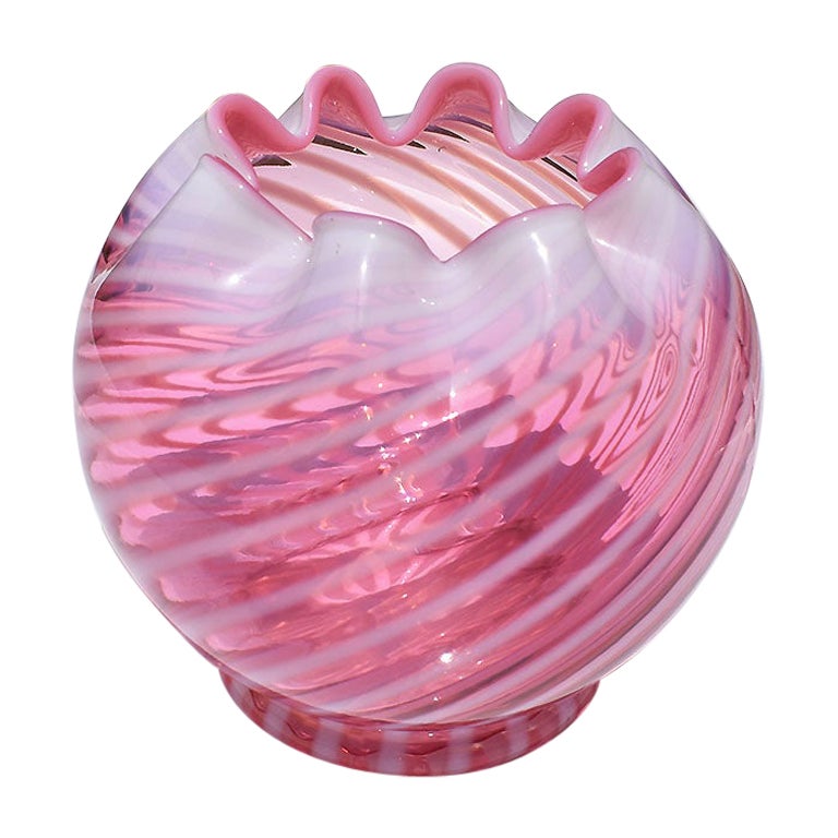 Vaso rotondo in vetro Art Deco alla menta piperita, di colore rosa e lampeggiante.
