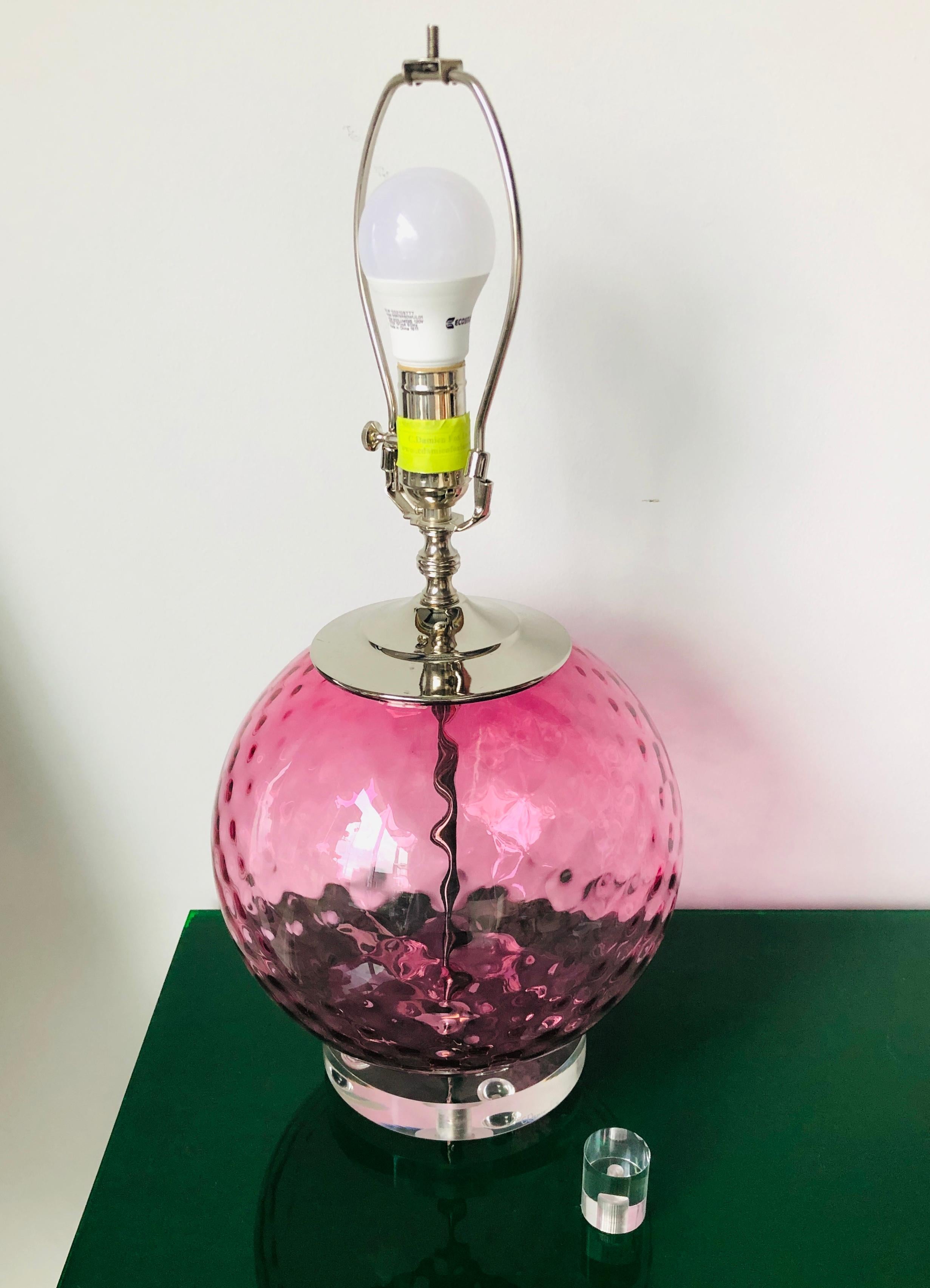 Round Pink Murano Faceted Glass w/ Chrome Accents Atop a Lucite Base Table Lamp For Sale 6