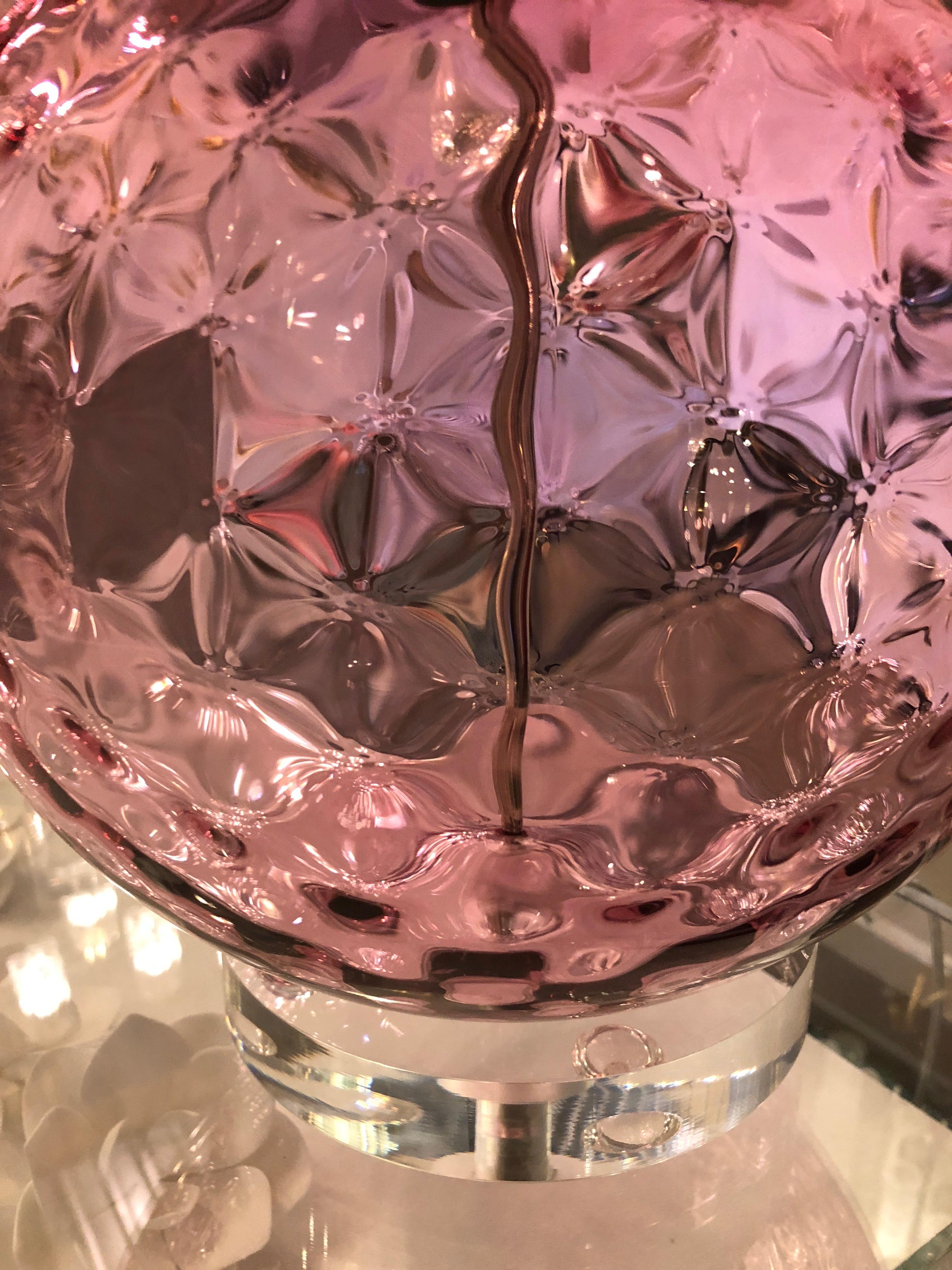 Round Pink Murano Faceted Glass w/ Chrome Accents Atop a Lucite Base Table Lamp For Sale 5