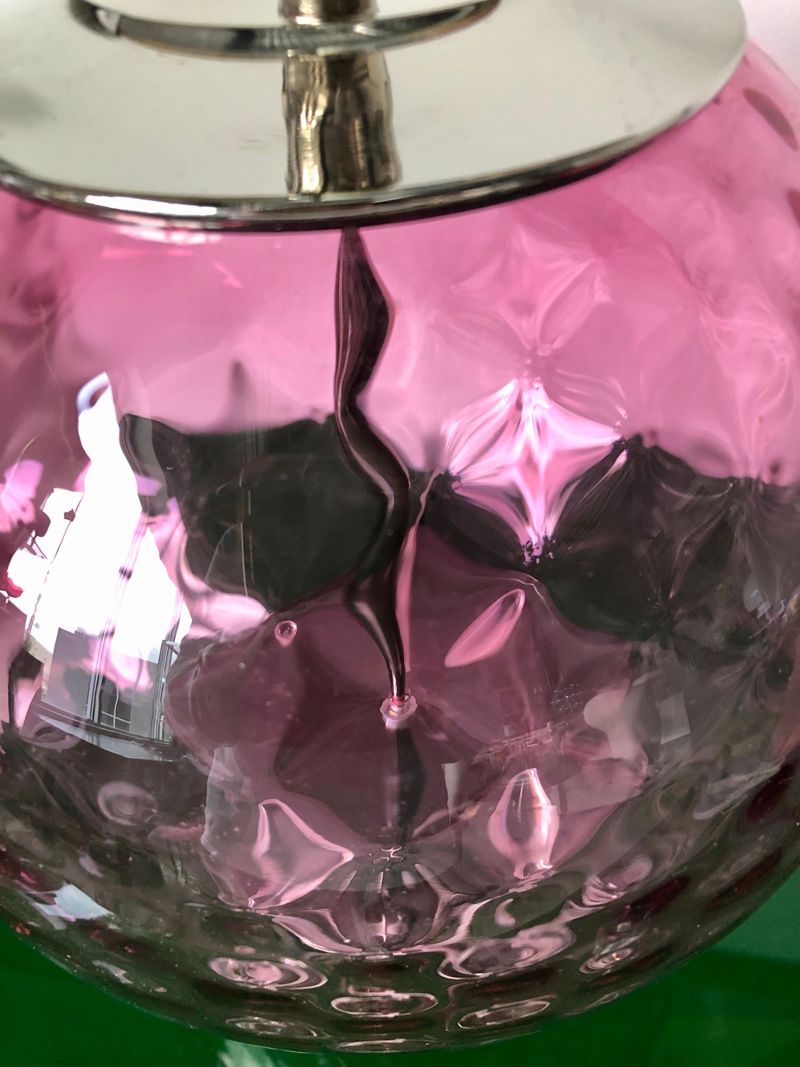 Round Pink Murano Faceted Glass w/ Chrome Accents Atop a Lucite Base Table Lamp For Sale 3