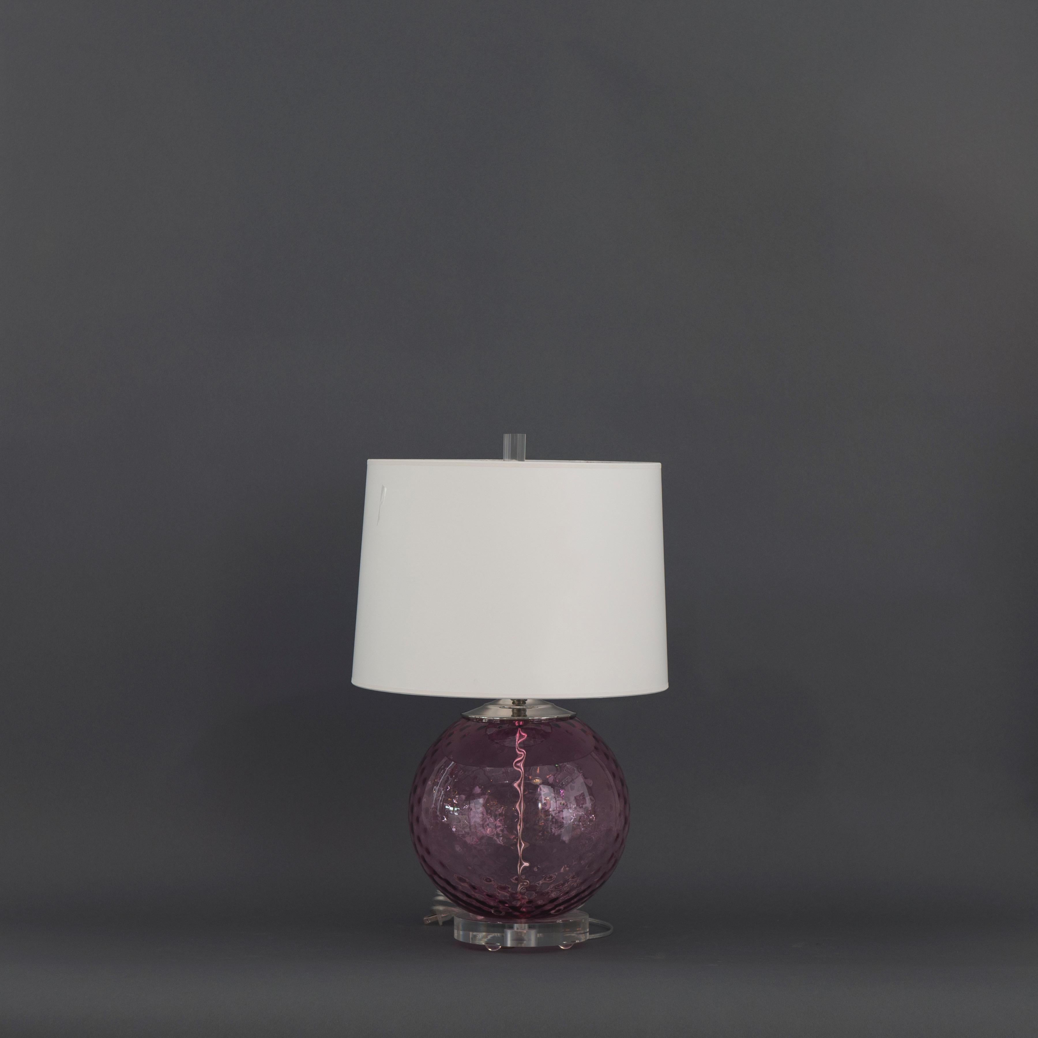 Round Pink Murano Faceted Glass w/ Chrome Accents Atop a Lucite Base Table Lamp For Sale 1