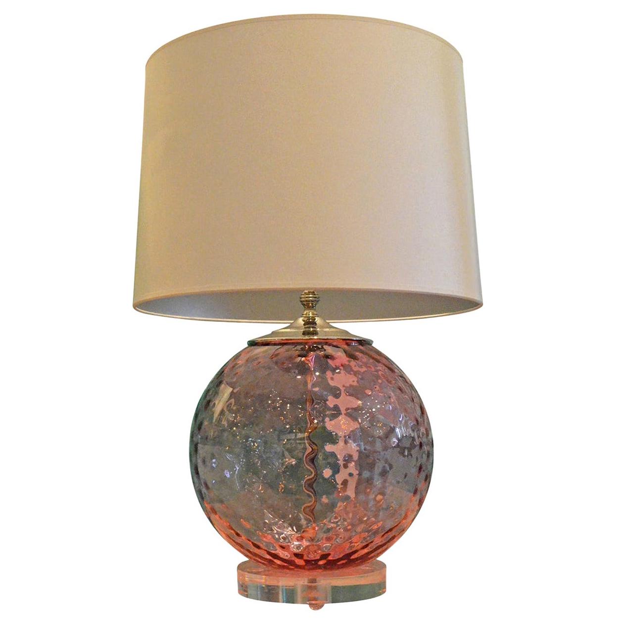 Round Pink Murano Faceted Glass w/ Chrome Accents Atop a Lucite Base Table Lamp For Sale