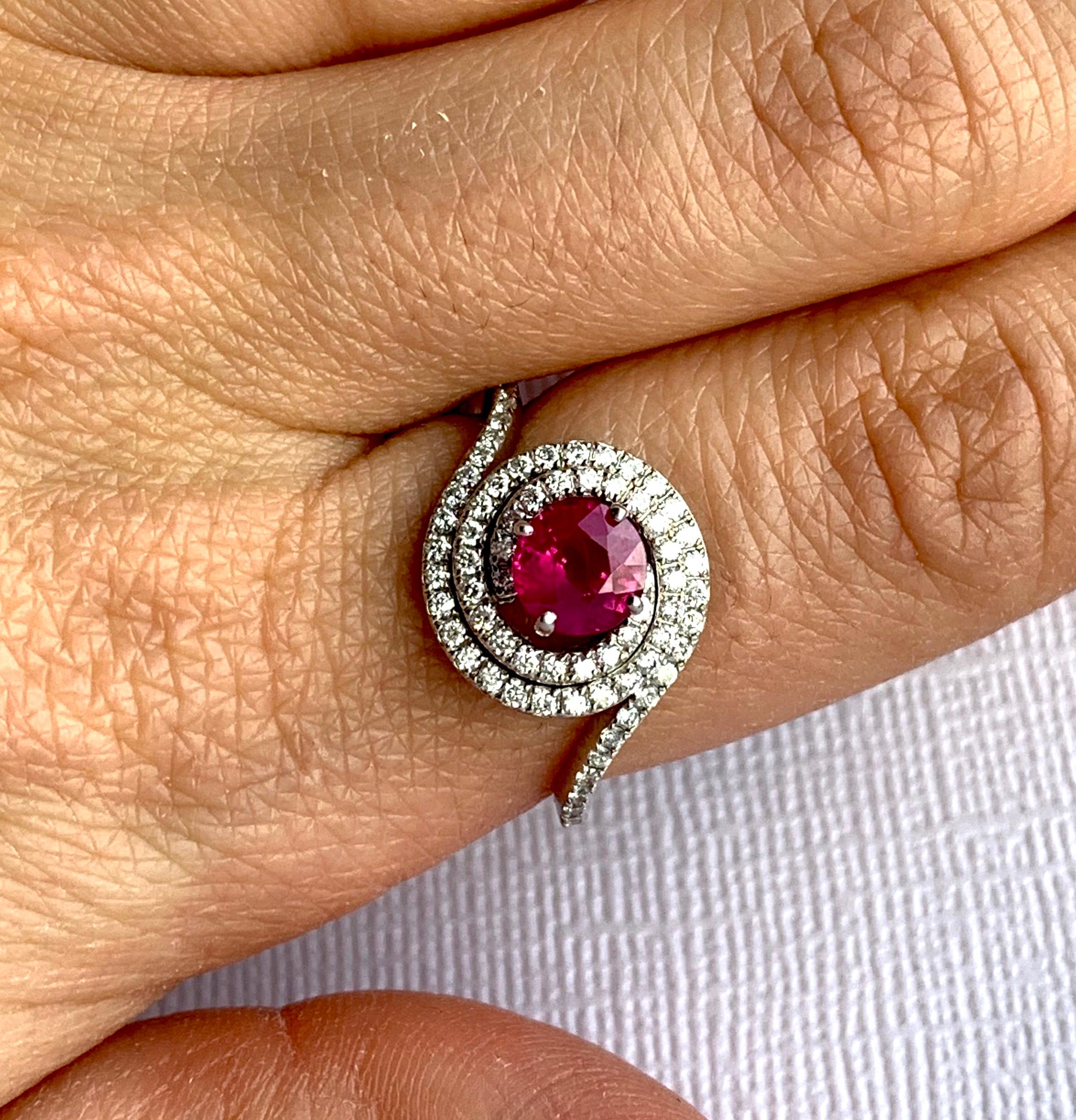 Contemporary Round Pink Natural Ruby White Diamond Double Halo Ring 14K White Gold For Sale