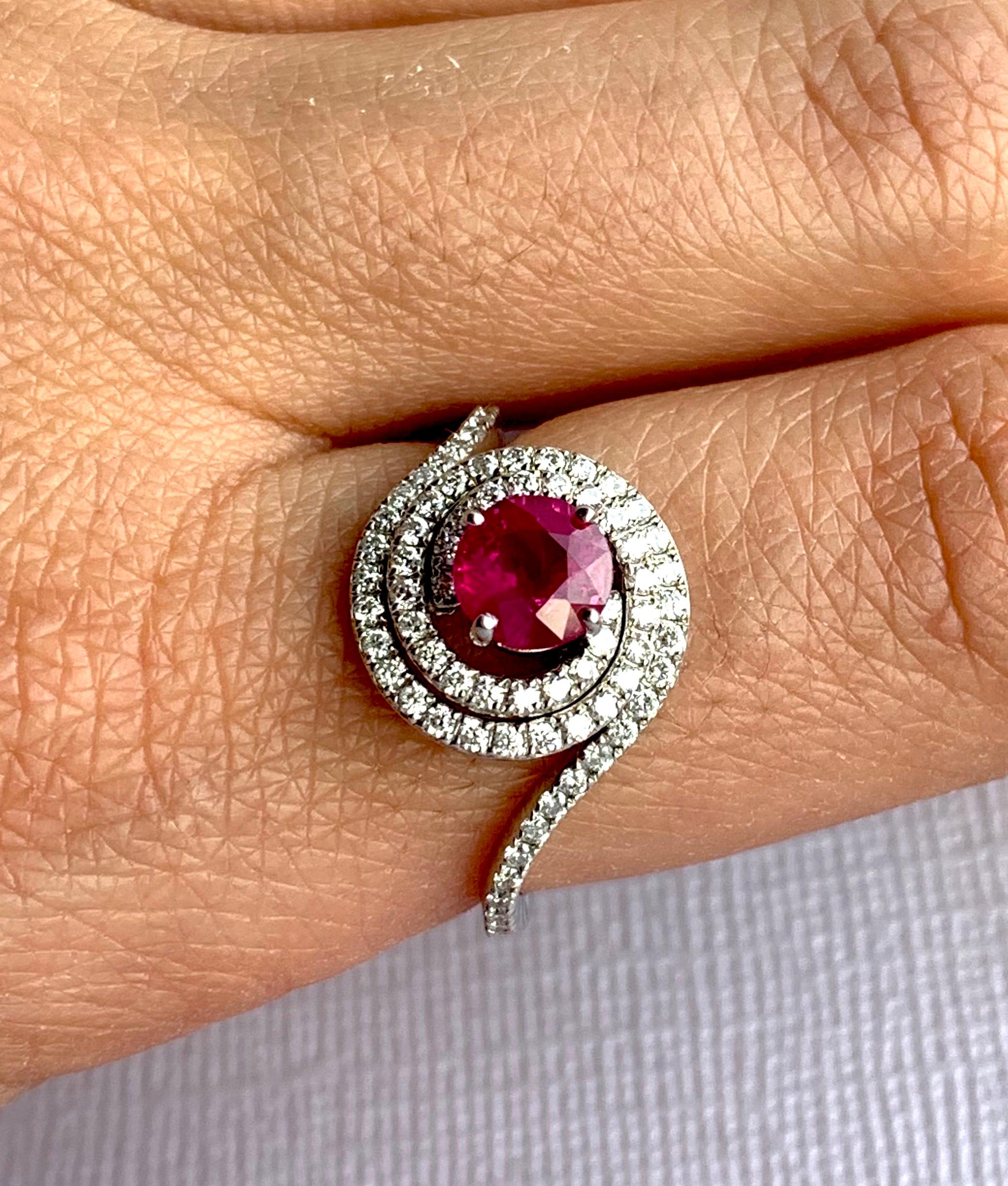 Round Cut Round Pink Natural Ruby White Diamond Double Halo Ring 14K White Gold For Sale