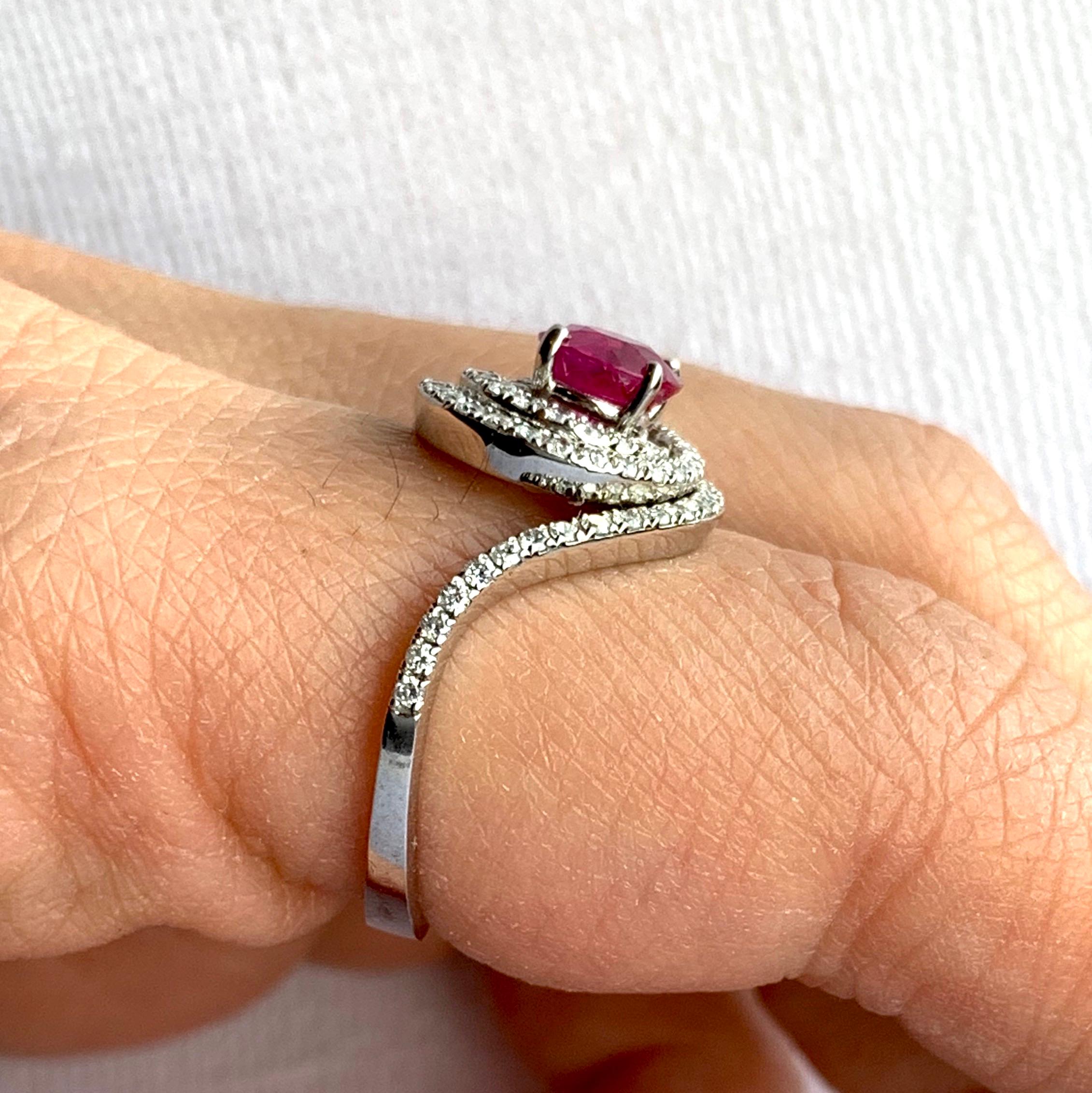 Round Pink Natural Ruby White Diamond Double Halo Ring 14K White Gold In New Condition For Sale In GREAT NECK, NY