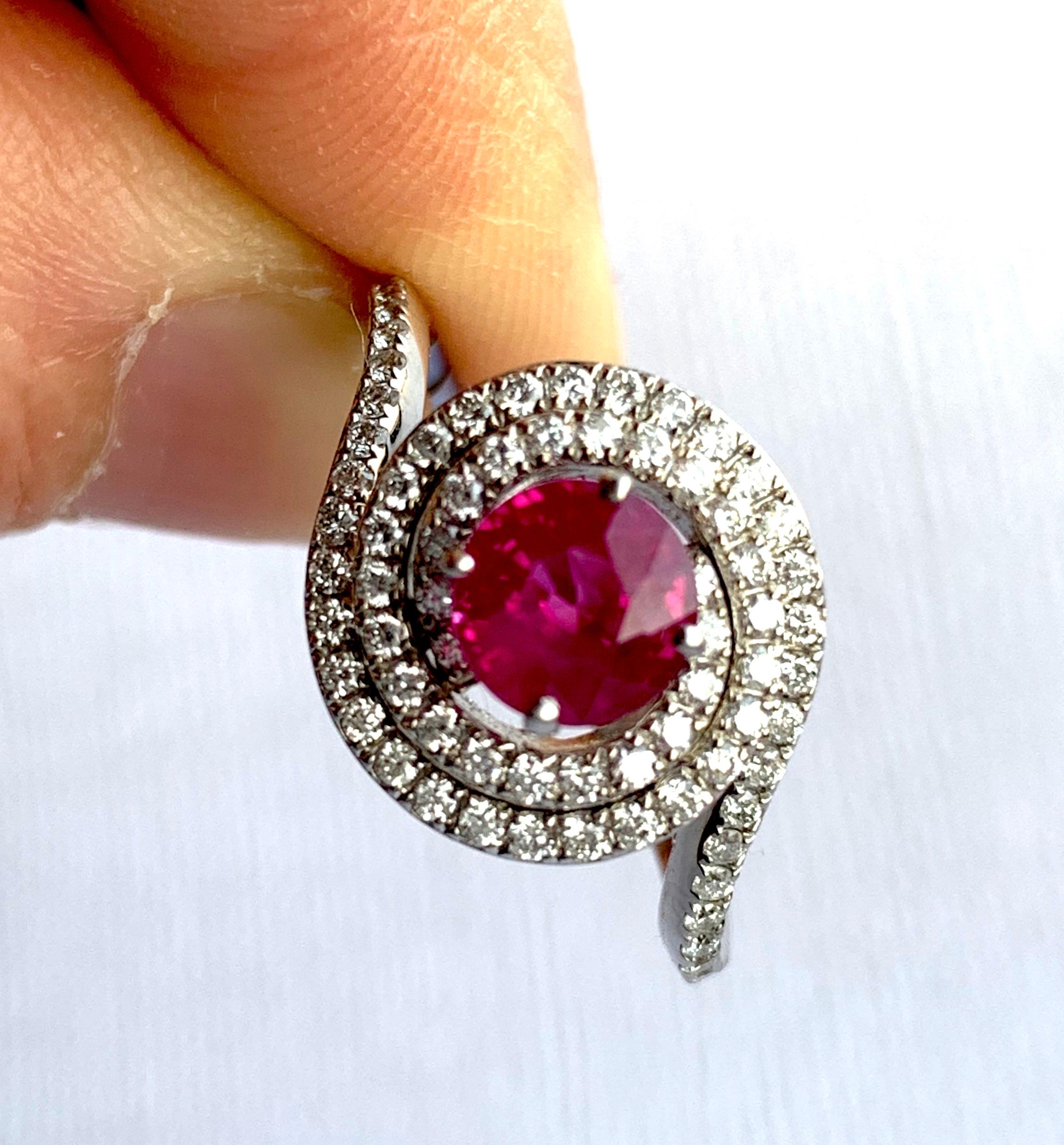 Women's Round Pink Natural Ruby White Diamond Double Halo Ring 14K White Gold For Sale