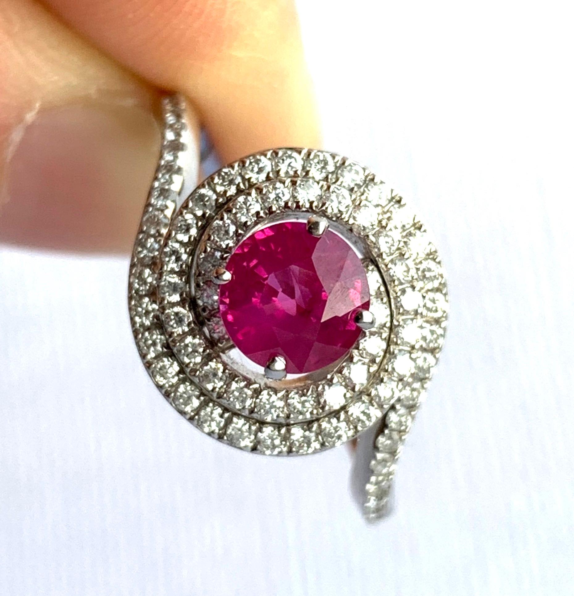Round Pink Natural Ruby White Diamond Double Halo Ring 14K White Gold For Sale 1