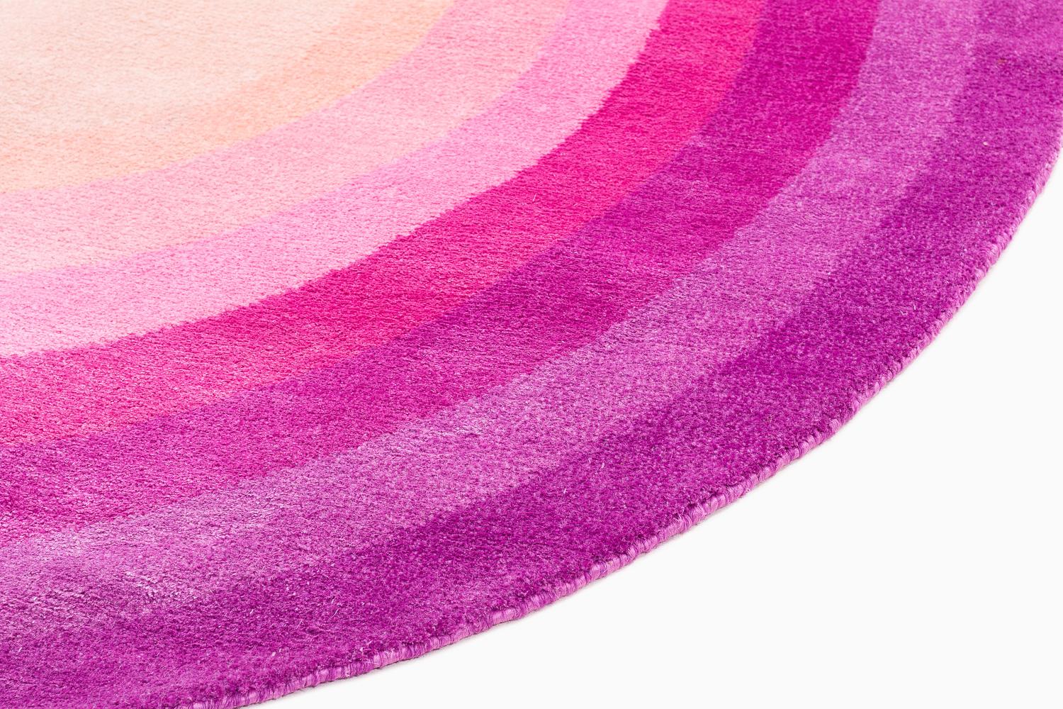 Nepalese Round Pink Pop Silk and Wool Accessory Rug Lucy Bullseye by Joseph Carini For Sale