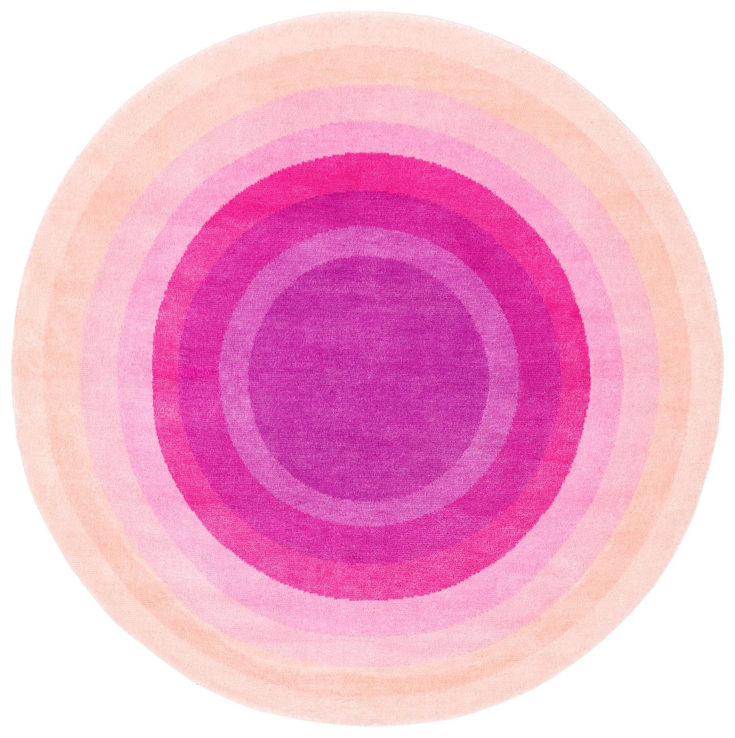 Round Pink Pop Silk and Wool Accessory Rug Priscilla Bullseye by Joseph Carini For Sale 4