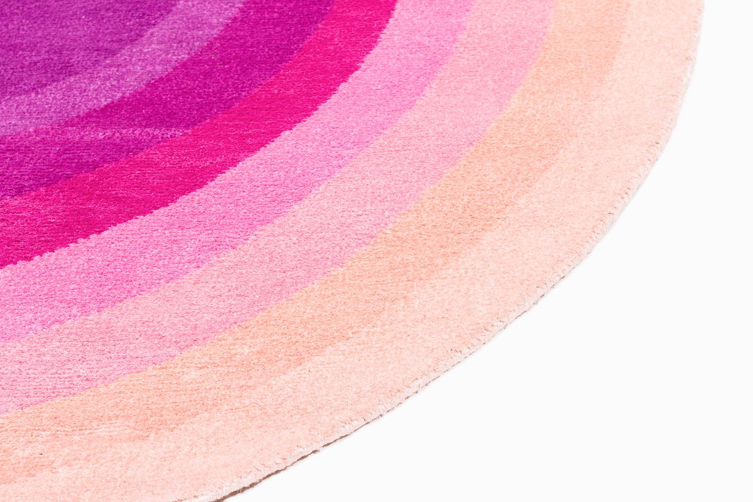 Nepalese Round Pink Pop Silk and Wool Accessory Rug Priscilla Bullseye by Joseph Carini For Sale