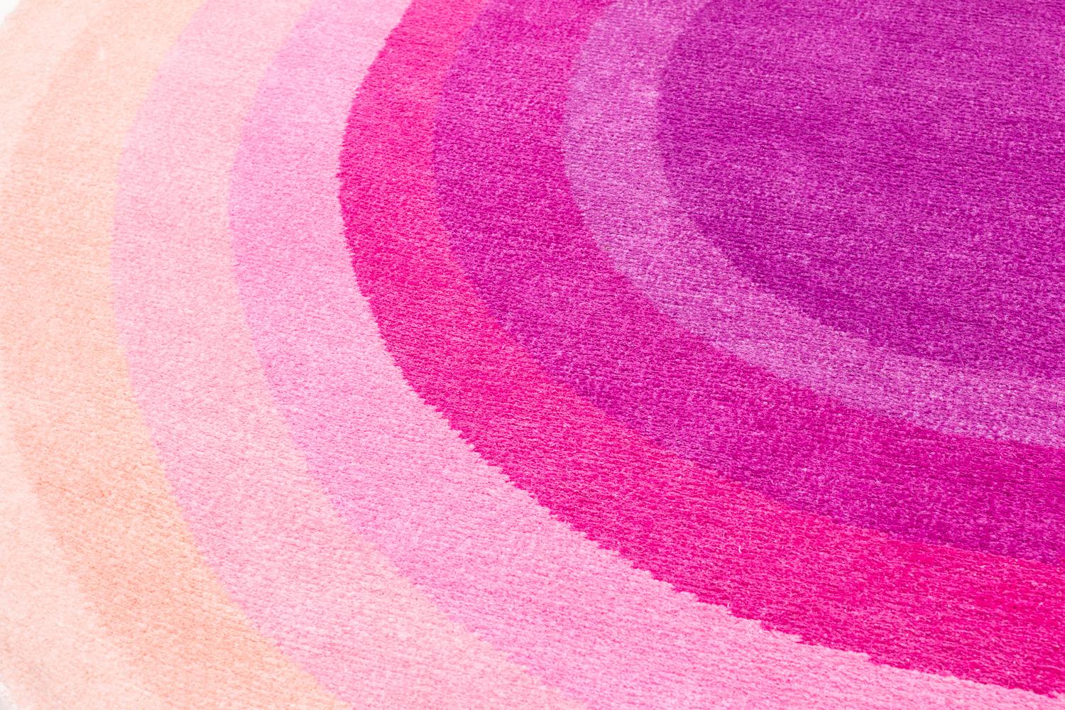 Hand-Knotted Round Pink Pop Silk and Wool Accessory Rug Priscilla Bullseye by Joseph Carini For Sale