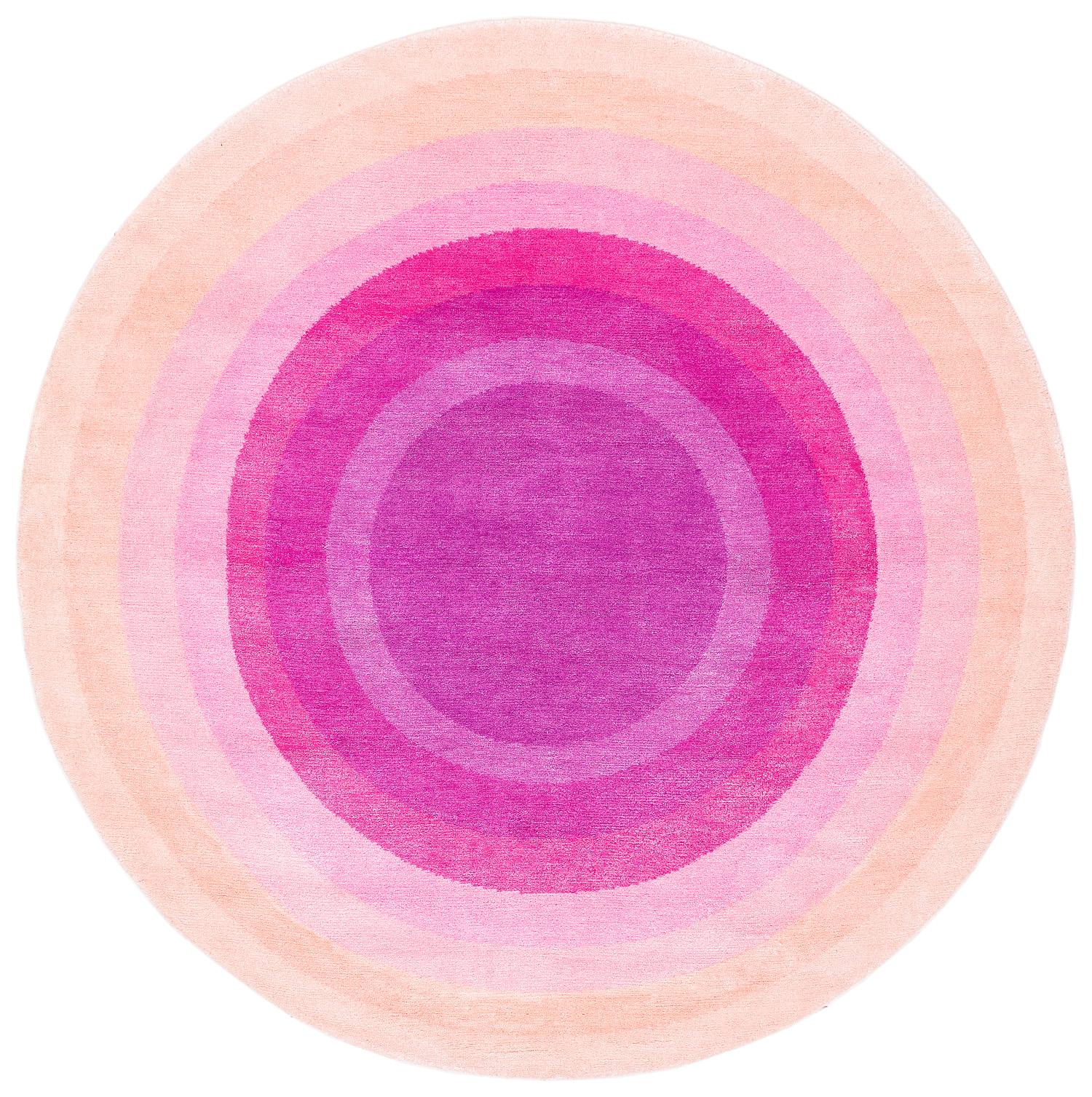 Round Pink Pop Silk and Wool Accessory Rug Priscilla Bullseye by Joseph Carini For Sale 2