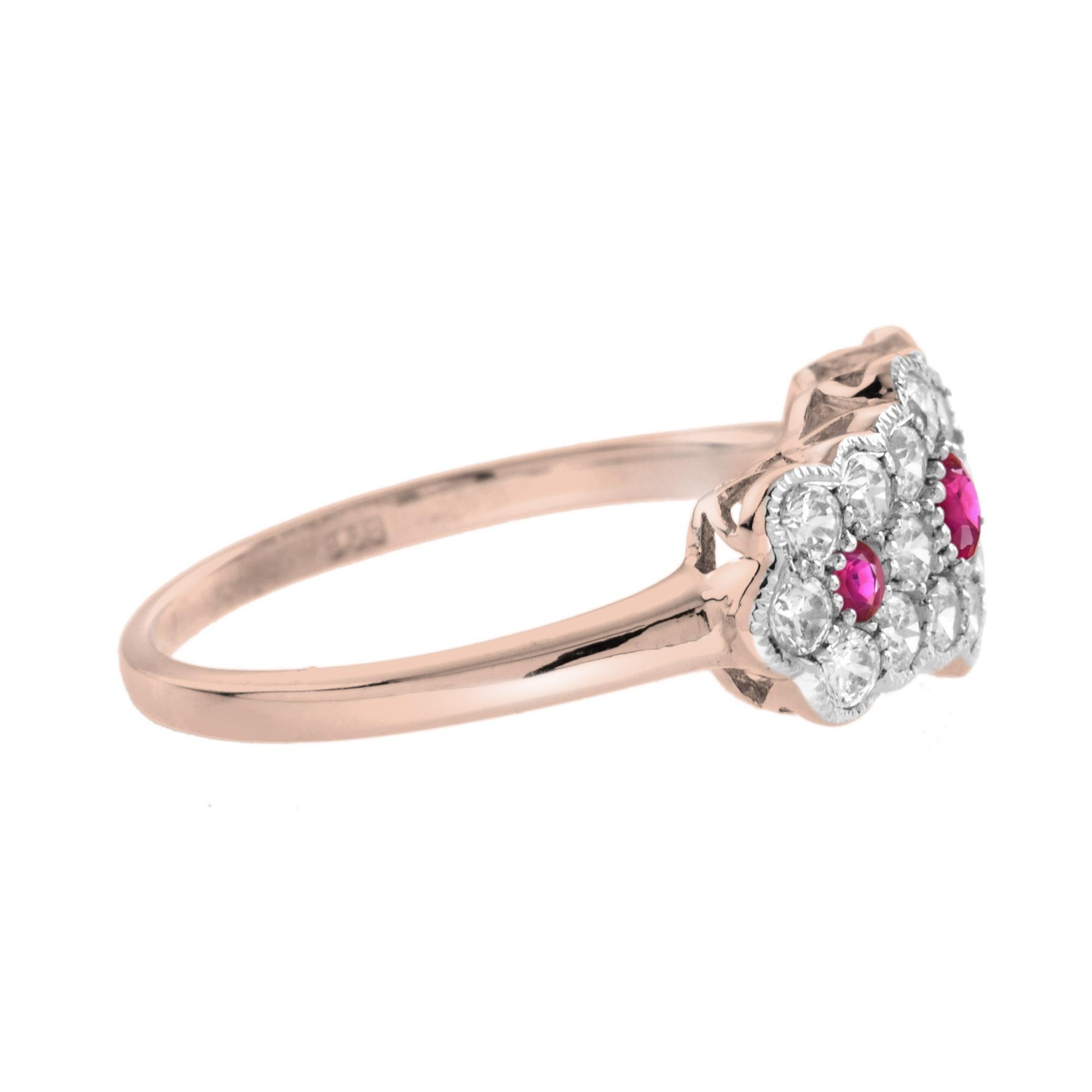 This phenomenal and stunning ring features three heads with a floral ruby and diamond design. Made out of rose gold with highlight white top to really bring this ring to the next and have the diamonds dazzling at all times. This ring is perfect for