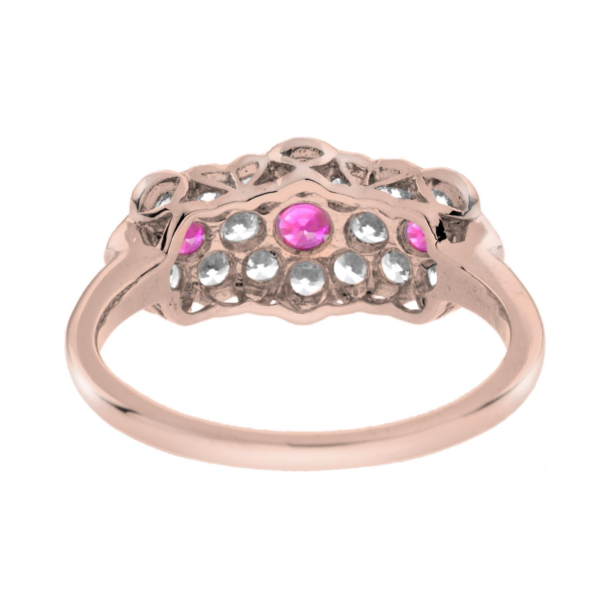 Edwardian Round Pink Red Ruby & Diamond Floral Flower Three Stone 14K White Rose Ring For Sale