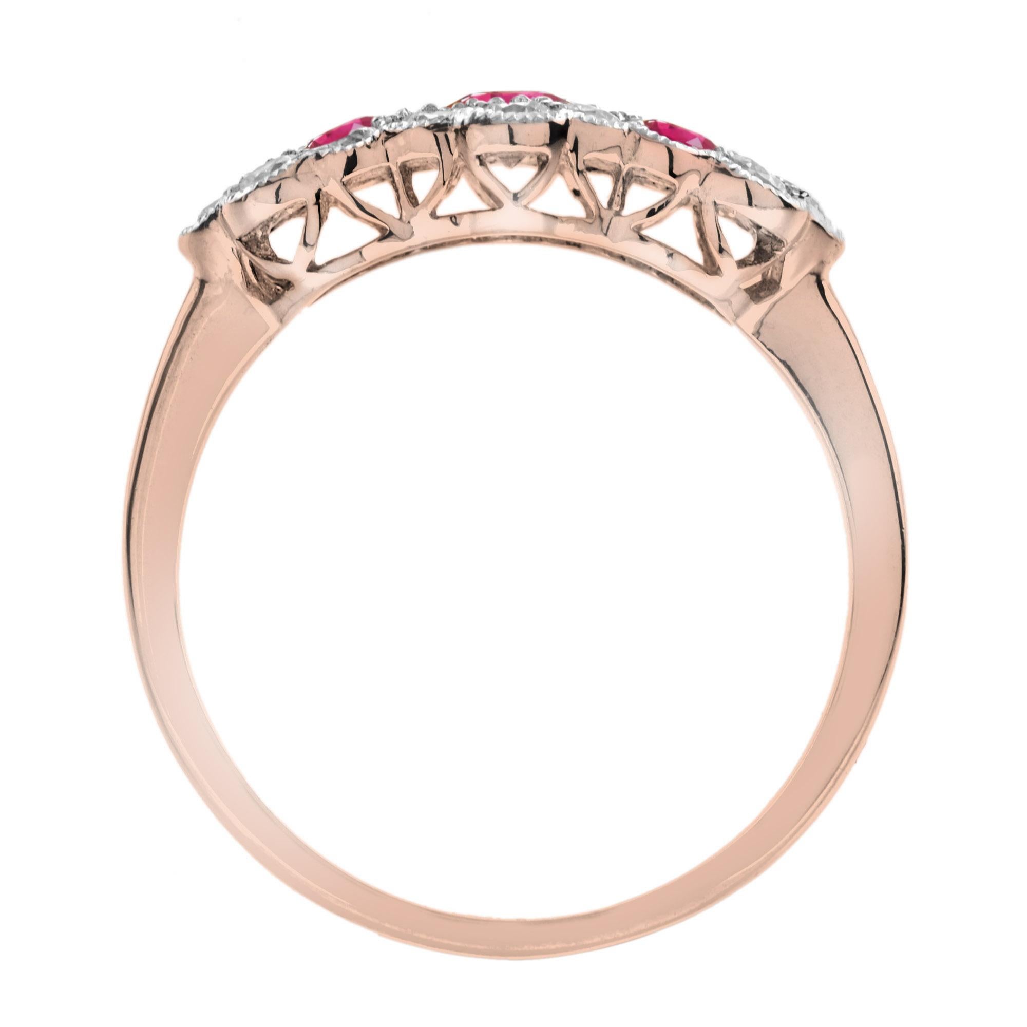 Round Cut Round Pink Red Ruby & Diamond Floral Flower Three Stone 14K White Rose Ring For Sale