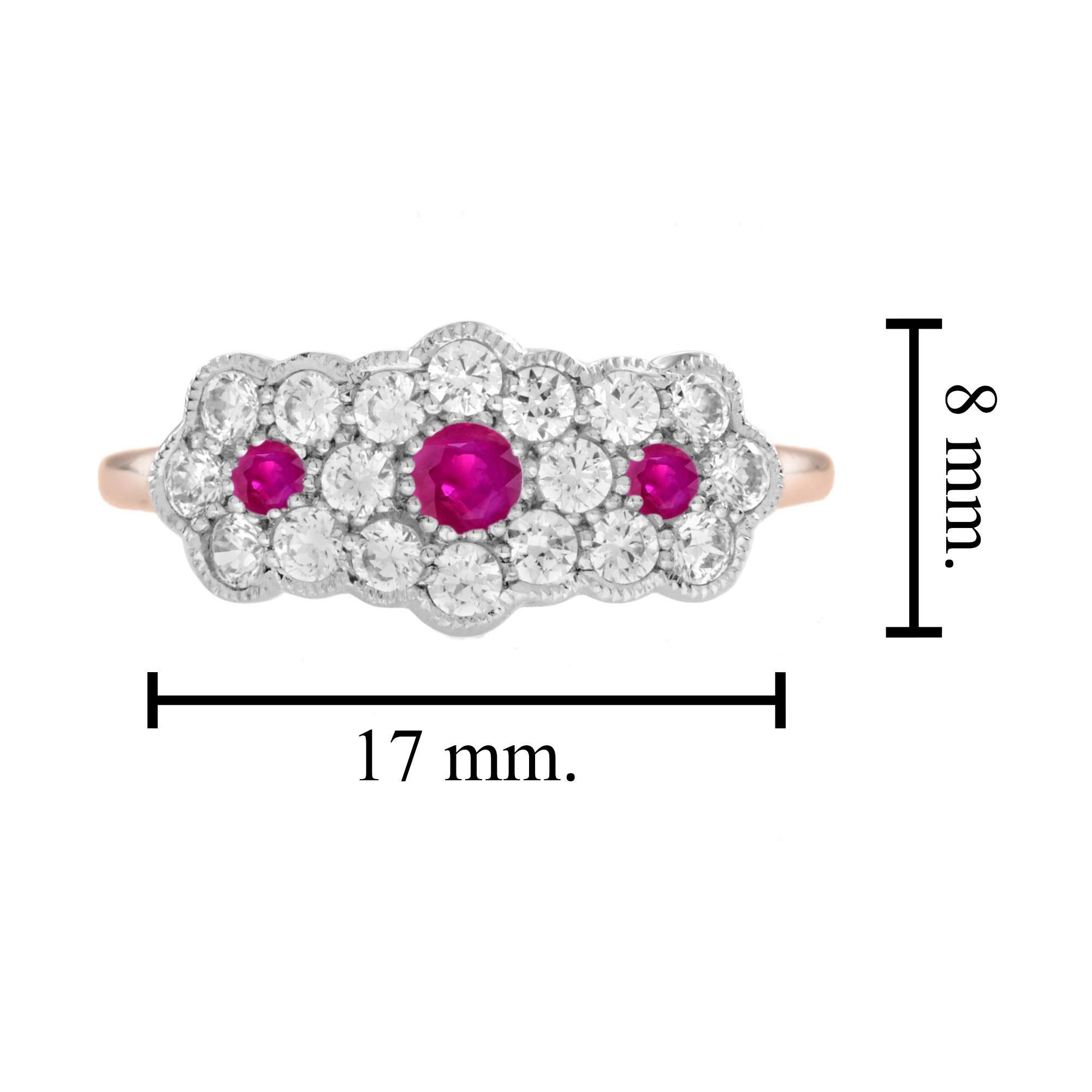 Round Pink Red Ruby & Diamond Floral Flower Three Stone 14K White Rose Ring In New Condition For Sale In Oakton, VA