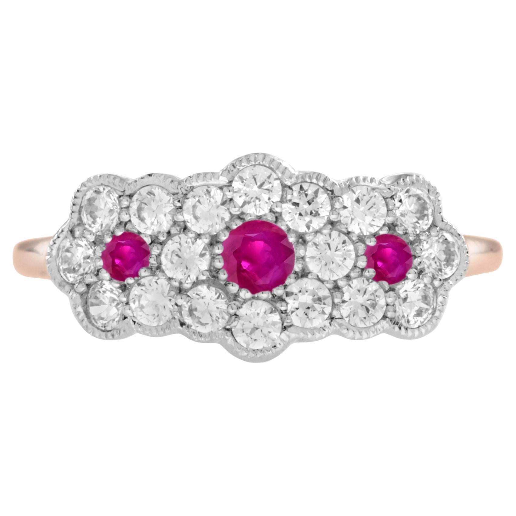 Round Pink Red Ruby & Diamond Floral Flower Three Stone 14K White Rose Ring