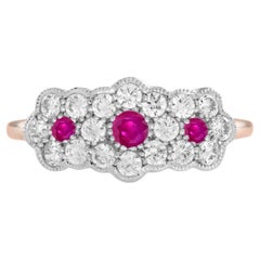 Round Pink Red Ruby & Diamond Floral Flower Three Stone 14K White Rose Ring
